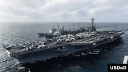 在南中國海游弋的美國斯坦尼斯號航空母艦, (照片來源﹕美國海軍)