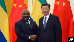 中國國家主席習近平在北京人大會堂會見到訪的加蓬總統阿里邦戈翁丁巴。（2018年9月1日）