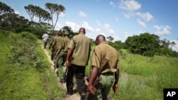 Des membres des forces de sécurité kenyanes traversent des marais et des forêts denses dans le village éloigné de Kaisari, près de Mpeketoni, sur la côte du Kenya, 17 juin 2014.