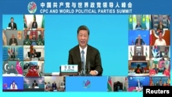 中共領導人習近平在中國共產黨與世界政黨領導人視頻峰會上講話。 （2021年7月6日）