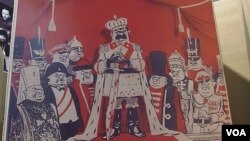 2012年末在莫斯科舉辦的蘇共迫害宗教展覽中的漫畫。(美國之音白樺拍攝)