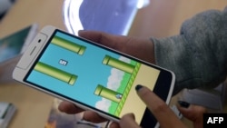 An employee plays the game Flappy Bird at a smartphone store in Hanoi, Feb. 10, 2014.