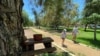 Personas usando máscaras caminan en un parque en el área de Valley Village, en Los Ángeles, California. 7 de agosto de 2020.