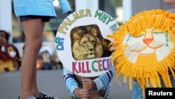 Piper Hoppe, 10 ans, originaire de Minnetonka, dans l'Etat du Minnesota, manifeste devant la clinique du dentiste ayant abattu Cecil, le célèbre lion zimbabwéen 