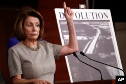 FILE - House Minority Leader Nancy Pelosi of Calif., speaks to the media during a news conference about infrastructure, Feb. 8, 2018, on Capitol Hill in Washington.
