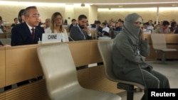 中國新疆維吾爾自治區副主席吐尼亞孜2019年6月25日在日內瓦的聯合國人權理事會第41屆會議上為中國當局在新疆設立再教育營辯護。（路透社） 