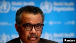 រូប​ឯកសារ៖ លោក Tedros Adhanom Ghebreyesus ចូលរួម​ក្នុង​សន្និសីទ​កាសែត​មួយ​នៅ​ក្នុង​ក្រុង​ហ្សឺណែវ ប្រទេស​ស្វ៊ីស កាលពី​ថ្ងៃទី២៨ ខែកុម្ភៈ ឆ្នាំ២០២០។