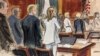 In this courtroom sketch, prospective jurors file into the courtroom as Donald Trump, third left, stands surrounded by his defense team. E. Jean Carroll, background second from right, stands with her attorney Roberta Kaplan, Tuesday, Jan. 16, 2024, in New York. 