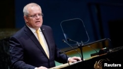 រូប​ឯកសារ៖ លោក Scott Morrison នាយក​រដ្ឋមន្រ្តី​នៃ​ប្រទេស​អូស្រ្តាលី​ថ្លែង​សុន្ទរកថា​នៅ​ក្នុង​មហាសន្និបាត​លើក​ទី៧៤​របស់​អង្គការ​សហប្រជាជាតិ​ នៅ​ទីស្នាក់ការ​កណ្តាល​របស់​អង្គការ​នៅ​ក្នុង​ក្រុង​ញូវយ៉ក កាលពី​ថ្ងៃទី២៥ ខែកញ្ញា ឆ្នាំ២០១៩។
