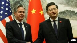 資料照片：美國國務卿布林肯在北京釣魚台國賓館與中國外長秦剛會晤。 (2023年6月18日)