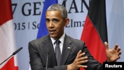 Le président Barack Obama lors de sa conférence de presse à la fin du Sommet de G7 à Kruen, en Allemagne, le 8 juin 2015. 