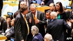 L'ambassadeur des Pays-Bas, Karel van Oosterom, au centre, pendant une réunion du Conseil de sécurité de l'ONU, New York, le 28 juin 2016. 