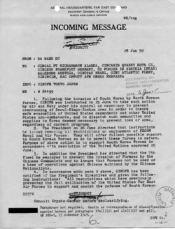 1950年6月30日，美軍參謀長聯席會議關於第七艦隊派駐台灣海峽使命的文件