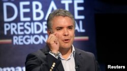 Ivan Duque, arrivé en tête du premier tour de la présidentielle, lors de la campagne électorale, à Medellin, Colombie, le 3 avril 2018.