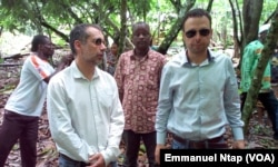 Le Belge Michel Ruisse, l'espagnol David Monstserrat avec leur partenaire japonais inspectent un champ du cacao de qualité à Nkol-Abang au Cameroun, le 25 mai 2017. (VOA/Emmanuel Ntap)