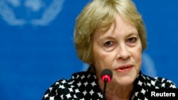 FILE - Karen Koning AbuZayd, currently a special adviser for the U.N. Summit on Refugees and Migrants, to be held in Septermber in New York, attends a news conference at the United Nations headquarters in Geneva, Switzerland, Aug. 27, 2014.