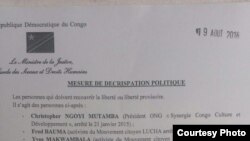Communiqué du ministre congolais de la Justice, Alexis Thambwe, sur les personnes libérées et celles qui restent en prison (DR)