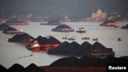 運載煤炭的駁船沿著印尼東加里曼丹省馬哈坎河排成隊。 （2019年8月31日）