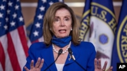 House Speaker Nancy Pelosi of Calif. speaks at a press conference ahead of House votes on H.R. 7027 - the Child Care Is Essential Act and H.R. 7327 - the Child Care for Economic Recovery Act on Capitol Hill, July 29, 2020.