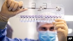 一名輝瑞技術人員在比利時的一處輝瑞公司的設施裡檢測新冠疫苗。（2021年3月）