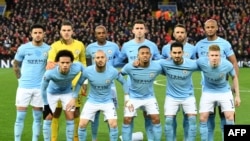 L'equipe de Manchester City avant le match de Ligue des Champions contre Liverpool, le 4 avril 2018