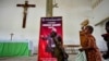 Effigie de l'ancien président Laurent Gbagbo à l'intérieur d'une église à Gagnoa, en Côte d'Ivoire, le 13 juin 2021.