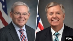 參議院外交關係委員會主席梅嫩德斯參議員（Sen. Bob Menendez, D-NJ）（左）和參議院預算委員會首席共和黨議員格雷厄姆（Sen. Lindsey Graham, R-SC）（右）