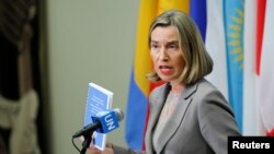 La diplomate en chef de l'Union européenne, Federica Mogherini, après une réunion avec les parties impliquées dans l’accord sur le nucléaire iranien, lors de la 72e Assemblée générale des Nations-Unies à New York, le 20 septembre 2017. REUTERS/Eduardo Munoz - RC1AF2F97690
