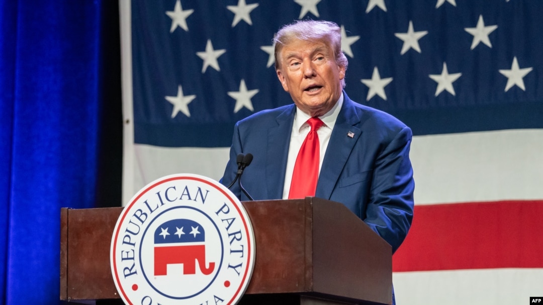 (FILES) Former US president and 2024 Republican Presidential hopeful Donald Trump speaks at the Republican Party of Iowa's 2023 Lincoln Dinner at the Iowa Events Center in Des Moines, Iowa, on July 28, 2023.