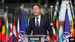 北約秘書長馬克‧呂特（ Mark Rutte）在布魯塞爾的北約總部發表聲明。 （2024年10月28日）