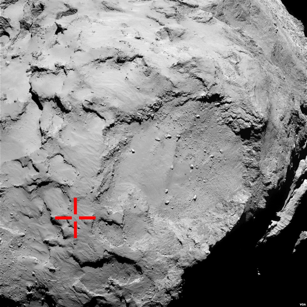 Cette image indique l'emplacement du premier point touché par l'atterrisseur Philae. On pense que Philae a rebondi deux fois avant de se fixer sur la surface de la comète 67P Churyumov-Gerasimenko, le 12 novembre 2014. (Courtoisie: Agence spatiale européenne)