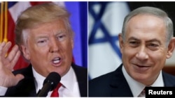 Donald Trump speaks,Trump Tower, Manhattan, New York, le 11 janvier 2017 et Benjamin Netanyahu, réunion hebdomadaire du cabinet israélien, Jérusalem, le 22 janvier 2017. 