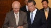 Visiting Chinese Foreign Minister Wang Yi, right, and Pakistan's adviser on foreign affairs Sartaj Aziz, left, leave after a press conference, in Rawalpindi, Pakistan, June 25, 2017. 