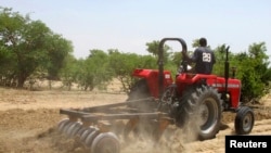 Un agriculteur laboure la terre dans le village de Saulawa, à la périphérie de Kaduna, au nord-centre du Nigeria, le 15 mai 2013