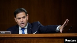 美國國會共和黨聯邦參議員魯比奧（Sen. Marco Rubio, R-FL）2021年9月14日出席聽證會，向作證的美國國務卿布林肯提出質詢。