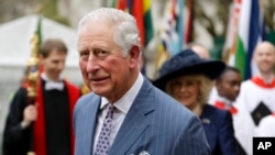 英國皇​儲查理斯王子和夫人卡米拉在倫敦威斯敏斯特教堂參加完一年一度的英聯邦日紀念儀式後離開。（2020年3月9日）