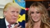 This combination of file pictures shows U.S. President Donald Trump speaking at the White House, Feb. 14, 2018; and adult film actress Stormy Daniels in Las Vegas, Nevada, Feb. 4, 2018. 