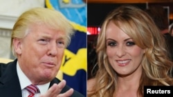 This combination of file pictures shows U.S. President Donald Trump speaking at the White House, Feb. 14, 2018; and adult film actress Stormy Daniels in Las Vegas, Nevada, Feb. 4, 2018. 
