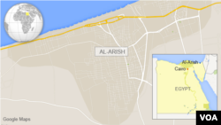ផែន​ទី​បង្ហាញ​ពី​ក្រុង​ Al-Arish នៅ​ឧបទ្វីប​ Sinai ប្រទេស​អេហ្ស៊ីប​។ បណ្តាញ​របស់​ក្រុម​រដ្ឋ​អ៊ីស្លាម​នៅ​ប្រទេស​អេហ្ស៊ីប​និយាយ​ថា​ ខ្លួន​ជា​អ្នក​ទទួល​ខុស​ត្រូវ​នៅ​ក្នុង​ការ​វាយ​ប្រហារ​មួយ​ចំ​នួន​ទៅ​លើ​ក្រុម​បុគ្គលិក​សន្តិសុខ​នៅ​ក្នុង​ឧបទ្វីប​ Sinai​ កាល​ពី​ថ្ងៃ​ព្រហស្បតិ៍​ ដែល​បាន​សម្លាប់​មនុស្ស​យ៉ាង​តិច​ ២៦​ នាក់។​