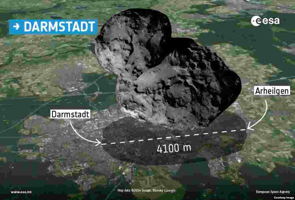 Comparaison de la taille de la comète 67P / Churyumov-Gerasimenko avec la ville de Darmstadt, en Allemagne, la maison au Centre européen d'opérations spatiales. (Courtoisie: Agence spatiale européenne, Google maps)
