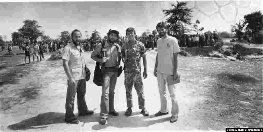  Greg Barron with his Trampled Grass team members, Craig and Mike, and a Cambodian guide, in Thailand, in November, 1979.